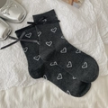 Dark grey crew socks featuring white heart prints and black bow ribbons in casual style - One Size / Dark Grey Heart Ribbon