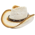 Sombrero vaquero de paja calado con tachuelas turquesas y banda de cuero decorativa - M (56-58cm) / Estilo Contraste Beige y Marrón Claro(04)
