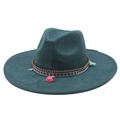 Deep teal wide brim fedora with bohemian fringe and metallic rivet decorative band - M (56-59cm) / Dark Green
