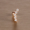 Detail of rose gold leaf ear stud with five white zircons and screw ball back closure - 4# Five Gems Arc / Rose Gold