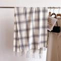 Detail of cream plaid scarf featuring soft tassels and high-quality cashmere-like texture - Cream Gray & Brown Plaid (WT153-4)