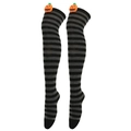 Detail of Halloween over-the-knee socks with black-grey stripes and orange pumpkin faces - Grey and Black Stripes (Pumpkin Decor)