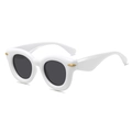 Fashionable white thick-framed round sunglasses with dark grey lenses and gold accents - White Frame Gray Lens