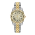 Two-tone gold and silver ladies watch with crystal encrusted dial and date display - Two-tone Gold with Gold Dial