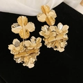 Detail of layered golden metal flower earrings with textured petals on black velvet - 35# Silver Needle - Beaded Bouquet White