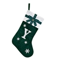 Detail of embroidered Christmas stocking with letter Y, green velvet, and golden bell - Green Y