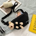 Canvas waist bag with 3D teddy bear decoration and adjustable nylon strap for women - Black