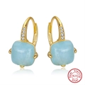 S925 sterling silver gold hoop earrings with light blue square stone and white zircons - Light Blue Square Hoop - Gold