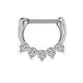 Silver nose ring with seamless metal band and five round clear cubic zirconia stones - D-shape Style / Silver