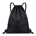 Waterproof nylon drawstring bag in black with honeycomb texture and front zipper pocket - Black