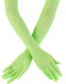 Long fluorescent green fishnet gloves with sparkling rhinestones for party wear - One Size / Green Fingerless Rhinestone