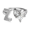 Silver S925 adjustable ring with letter Z and heart-shaped zircon stones - Silver Letter Z