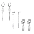 Three-pair set of silver stainless steel earrings with skull, feather, and blade pendants - Set 7 (Silver - Skull Chain/Feather Chain/Blade Hoop)
