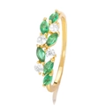 Close-up of gold ring with marquise-cut green gems and white zircon in a leaf-like design - Green Marquis Leaf