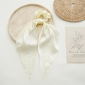 Elegant cream white satin bow scrunchie with long streamers in a soft silk finish - Off White