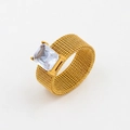Golden mesh woven titanium steel ring with rectangular zircon in a four-prong setting - US 7 / White