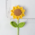 Handmade crochet sunflower with yellow petals and scale ruler showing 9.5cm diameter size - Sunflower Single Stem With Two Leaves (5 Rings Stem Length 30cm)