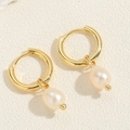 Detailed shot of 14K gold plated hoop earrings with dangling freshwater pearls and gold beads - Freshwater Pearl Earrings Style (ER2094) / Gold