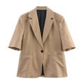 Damen Sommer 2025 brauner Nadelstreifen Kurzarm-Blazer mit aufgesetzten Fronttaschen - XS / Gestreifter Kurzarm Blazer