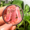 Silver metal hair clip with three pink iridescent natural crystals in a circular design - Silver Circle Rose Quartz Column