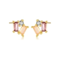 Elegant S925 silver stud earrings with pink and champagne rectangle crystals in gold - 925 Silver / Gold / Champagne