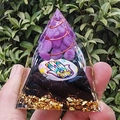 Hamsa Hand resin pyramid with amethyst crystals, copper coil, and gold leaf chips - Hamsa Hand Big Palm / Small