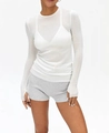 Close-up of white wool knit top with thumbhole cuffs and soft breathable texture - S / Thumbhole Design / White