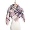 Plaid tassel scarf in purple and beige checkered pattern on a mannequin - Taro Purple