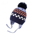 Winter knit trapper hat with colorful jacquard pattern and pompom for kids - Jacquard Little Tree / Navy Blue