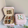 Pink faux leather jewelry box with fuzzy letter N patch and built-in vanity mirror - Letter N / Pink