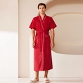 Accappatoio uomo rosso a maniche corte con bordo bianco e cintura in cotone morbido - M / Uomo Manica Corta / Rosso Carminio