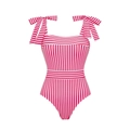 Detail of red and white striped one-piece swimsuit with bow shoulder straps - S / Red White Striped/Bow Tie Swimsuit