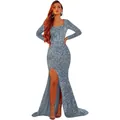Silver grey sequined mermaid evening gown with long sleeves and high side slit design - US size 2 (S) / Bottoms / Grey Blue