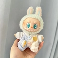 Labubu plush doll accessory wearing a blue and white knit sweater with rabbit ear hood - Blue Ribbed Crawling Suit / First And Second Generation Keychains Are Compatible With La Cloth Dolls. Dolls Not Included.