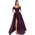 Deep purple off-the-shoulder evening gown with high slit and elegant satin finish - US 2 / Grape Purple