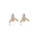 Elegant gold earrings with pear-cut purple zircon and fan-shaped crystal crown detail - Gold Arch with Purple Main Stone (E2132)