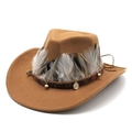 Ethnic style camel wool western cowboy hat with decorative feathers and weave band - M(56-58cm) / Khaki