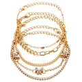 Set di cinque cavigliere dorate a strati con ciondoli a farfalla e strass lucidi - Set di 5 Cavigliere / Farfalla di Strass Oro