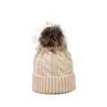 Detail of cable knit pattern and faux fur pompom on beige winter beanie hat - M (56-58cm) / Beige