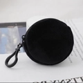 Mini round black plush coin purse with zipper and hook for backpacks and keys - 8.5cm / Black