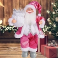 Detail of 12-inch Santa Claus doll in pink velvet suit holding gift bag and silver lamp - Pink Santa Claus
