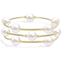 Elegant 3-layer gold curved tube and white faux pearl stretch bracelet for women - 3pcs Gold