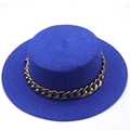 Detail view of woven blue straw boater hat featuring a stylish thick gold metal chain band - M (56-58cm) / Royal Blue Style (20)