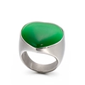 Silver wide band heart ring featuring a large green cat eye stone in a vintage style - US 6 / Emerald Green Heart Opal (KR88973-K)