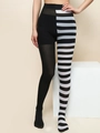 Halloween high waist tights with unique asymmetric black and white striped design - Black White Split Leg Tights