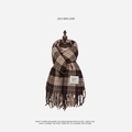 Classic plaid woolen scarf in brown and beige colors with tassels and YF fabric label - YF Plaid (Khaki)
