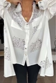 Detail of white oversized shirt featuring black cursive script print and front buttons - S / Tops / White
