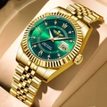 Men's luxury gold steel watch featuring a green dial with Roman numerals and date window - Full Gold with Green Dial (EU Standard Butterfly Buckle)