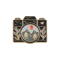 Retro black camera enamel pin with golden mountain landscape and heart details - Black Vintage Camera Style (XZ2377)