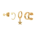 Detailed close-up of gold star earring set with studs, hoops and ear cuffs on white background - Gold Star Theme Earring Set (#30)